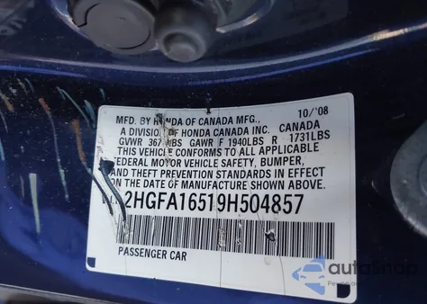 2009 Honda Civic Lx z USA, uszkodzony, nr VIN 2HGFA16519H504857